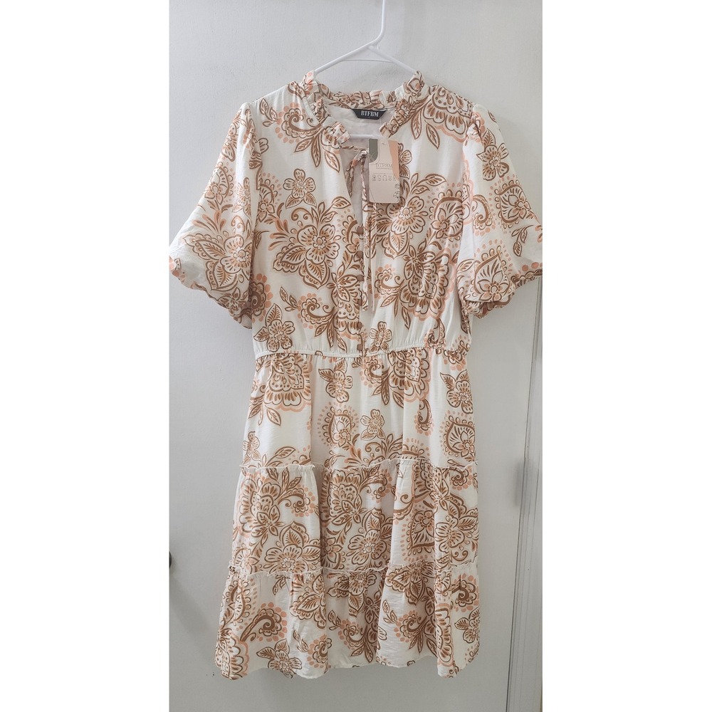 BTFBM Women Floral Paisley Tiered Midi Dress White Brown Short Puff Sleeve L NEW